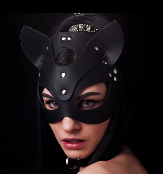 Masque, Collier et Laisse Bondage en Cuir Vegan Noir Kitty